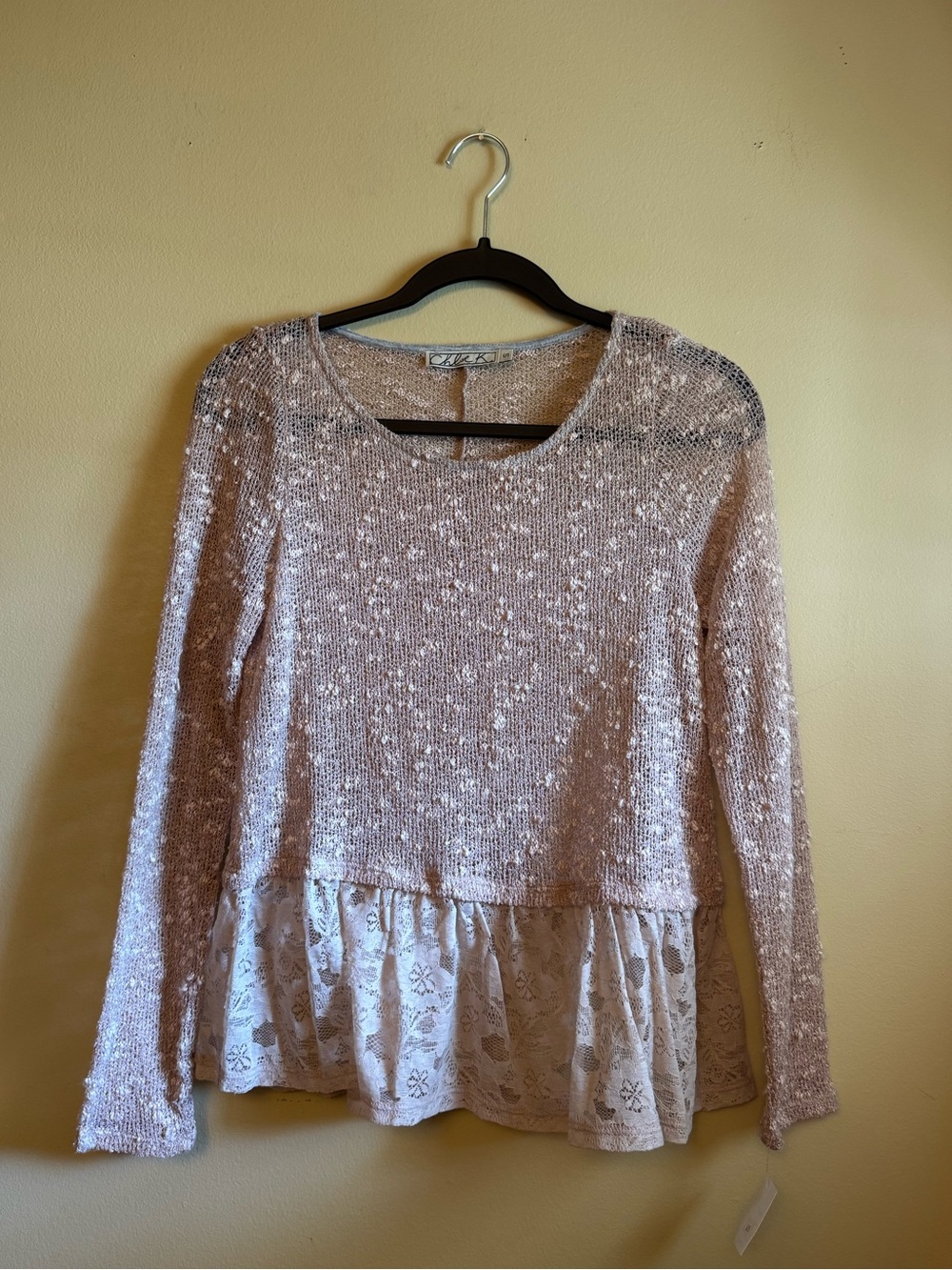 Chloe K Blush Peplum Knit Sweater with Lace Trim
